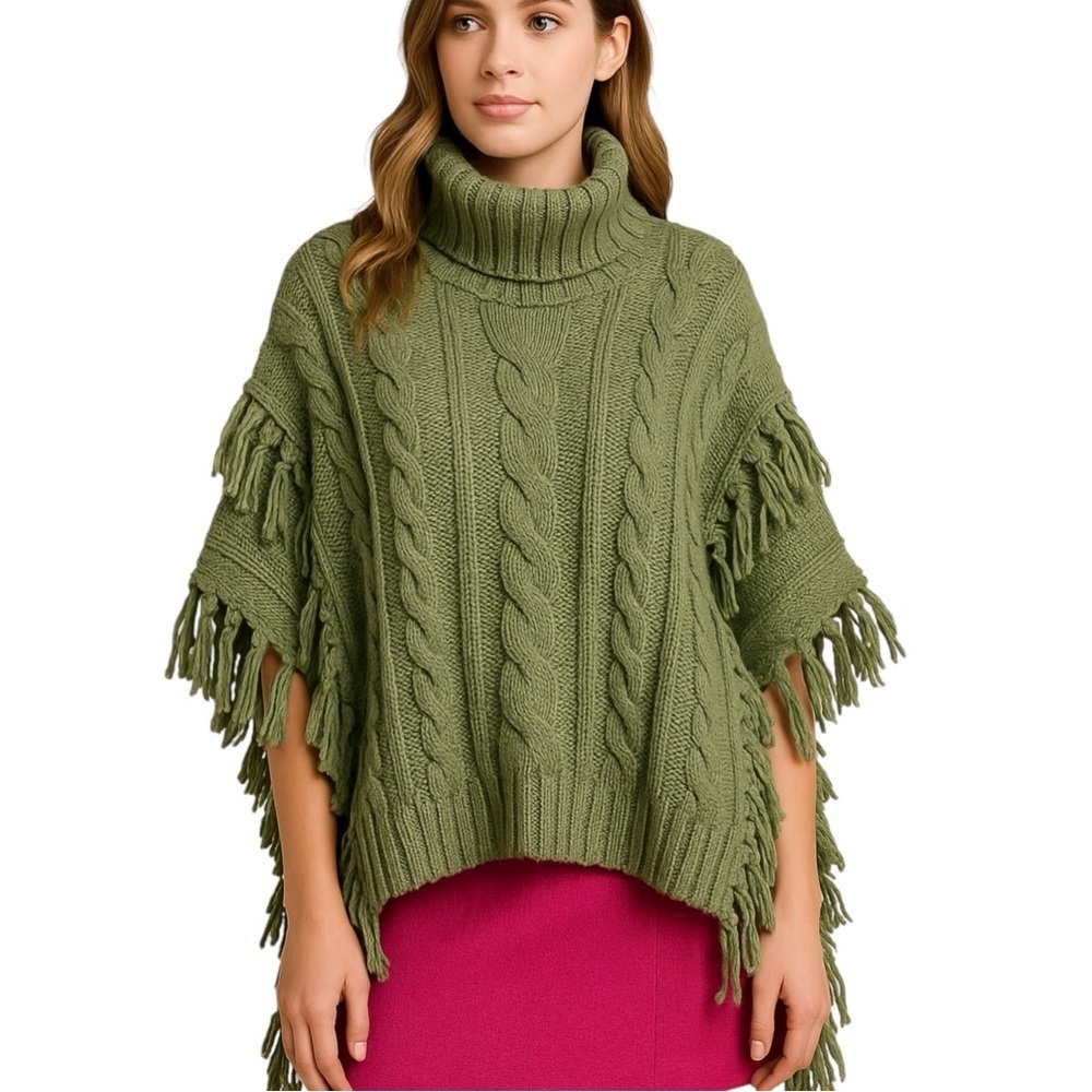 talian Alpaca Blend Cable Knit Poncho Sweater Fringe Olive Green Boho Luxe M
